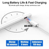 A white stylus pen is shown being charged, with text indicating 80 minutes of charge for 8 hours of working and 150 days of e