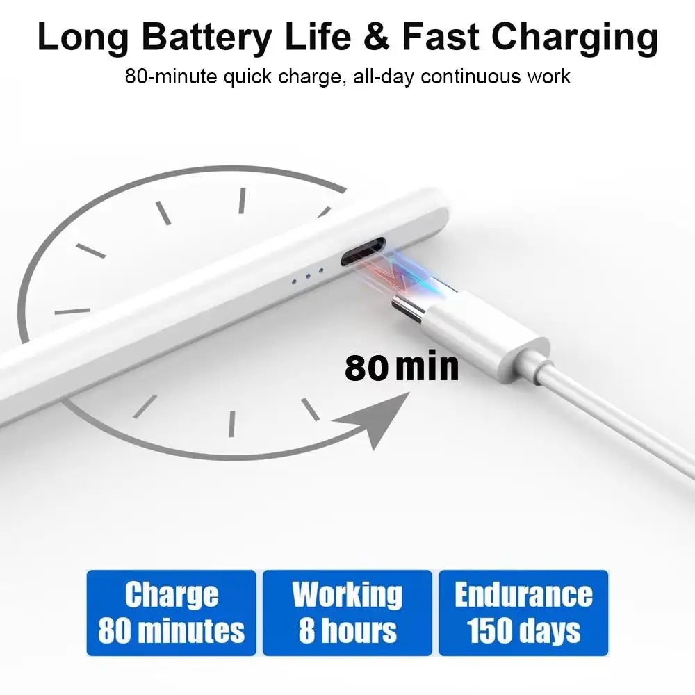 A white stylus pen is shown being charged, with text indicating 80 minutes of charge for 8 hours of working and 150 days of e