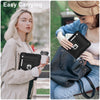 A woman is shown easily carrying a black silicone protective case with a stand for an iPad in a beige coat.