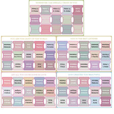 A grid of large print self-adhesive Bible tabs featuring names and biblical figures organized by theme.