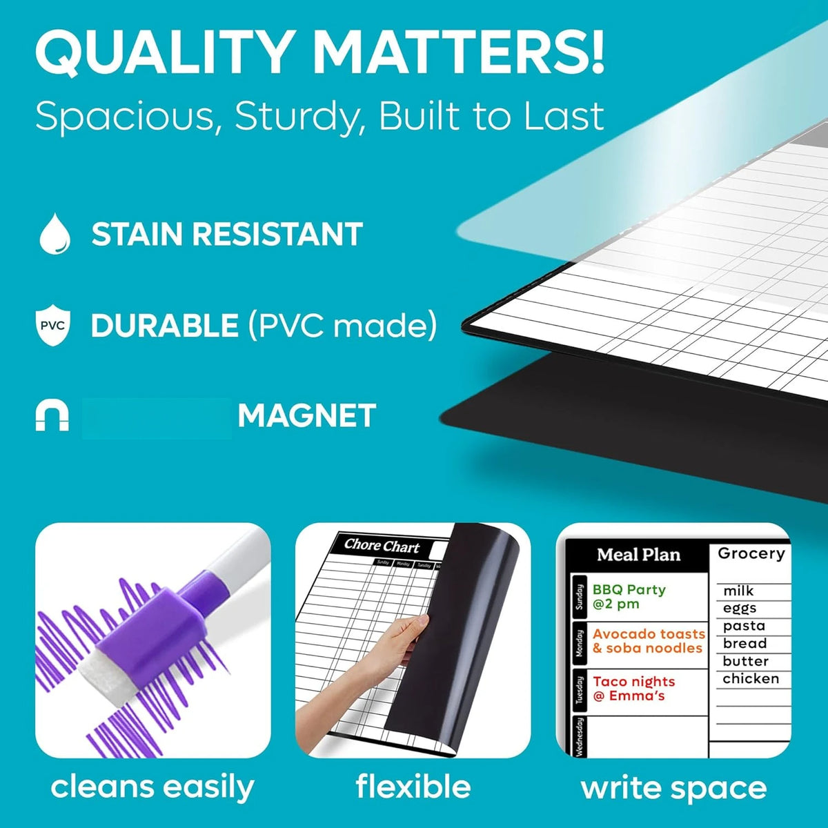A set of magnetic chore chart dry erase whiteboard featuring stain resistant and durable PVC materials.