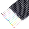 A set of fine line marker pens with various colored tips extending from a black barrel.