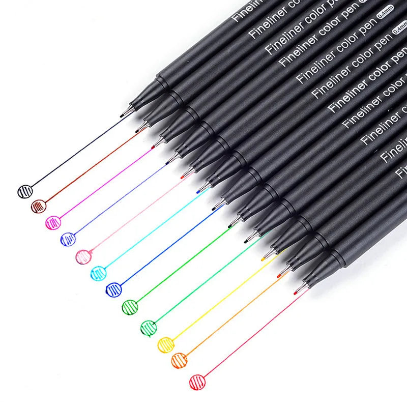 A set of fine line marker pens with various colored tips extending from a black barrel.