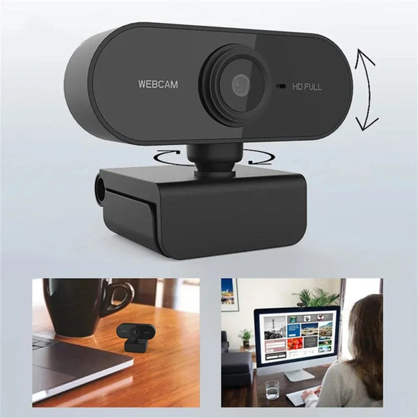 Schwarzes HD-Webcam-Gerät, gezeigt mit Nahaufnahmen seiner Verwendung an Laptop und Desktop.