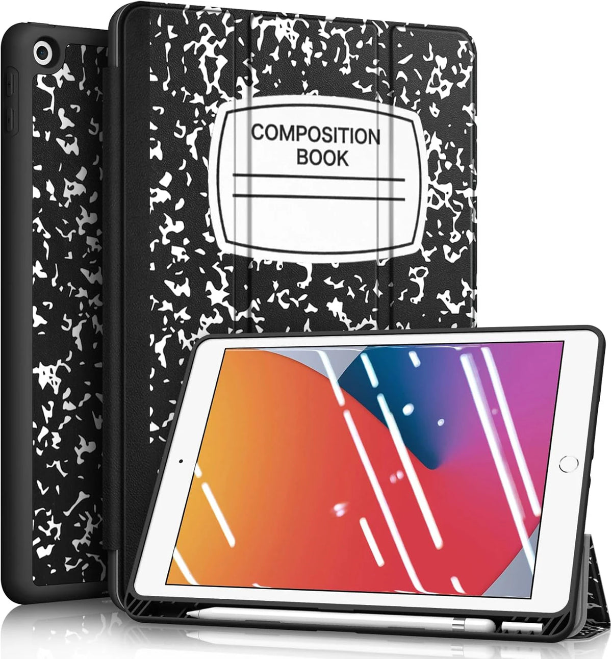 Schwarze Silikon-Schutzhülle für ein Apple iPad mit buntem abstraktem Design.