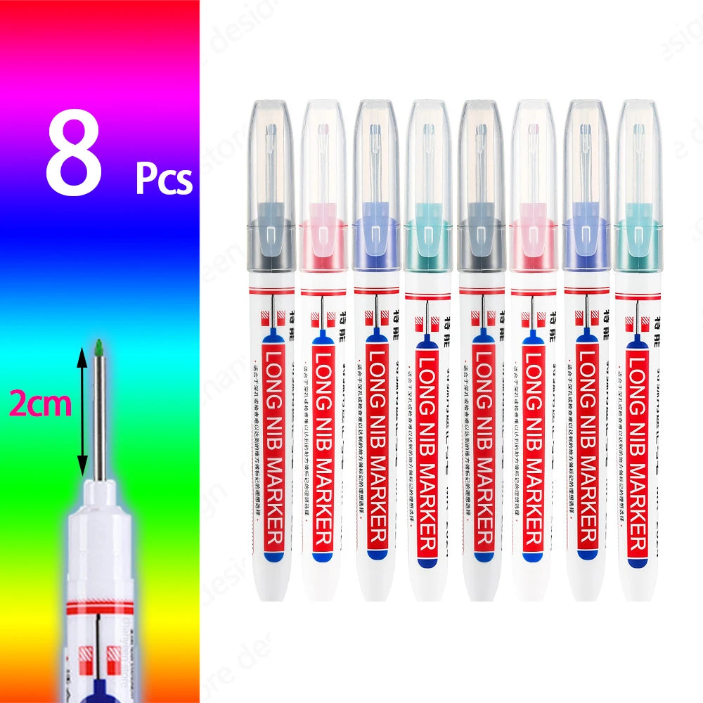 Eight precision waterproof marking pens in various colors and sizes displayed vertically.