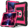 A pink durable silicone protective case with a stand for an iPad is shown in various angles.
