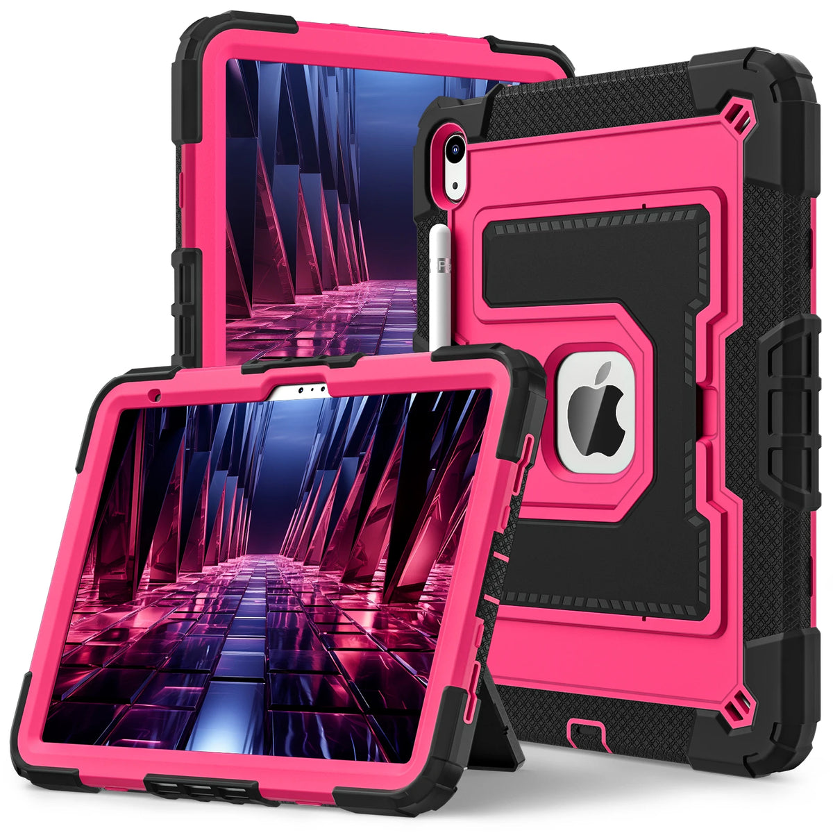 A pink durable silicone protective case with a stand for an iPad is shown in various angles.