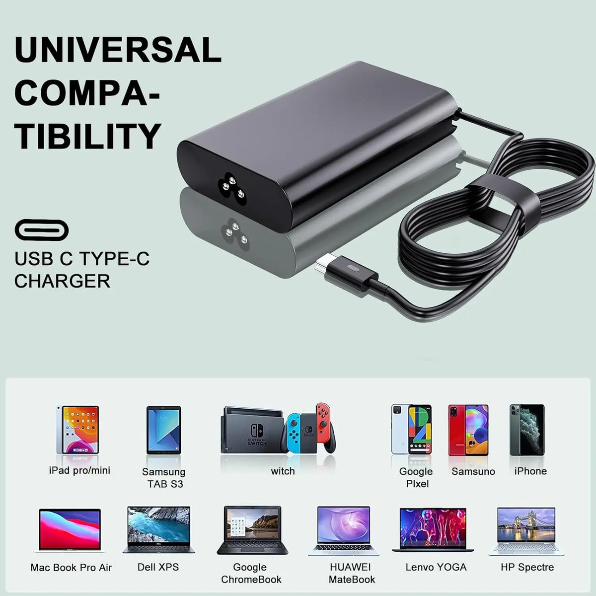 Un cargador USB Tipo-C negro con cable junto a varias laptops y dispositivos.