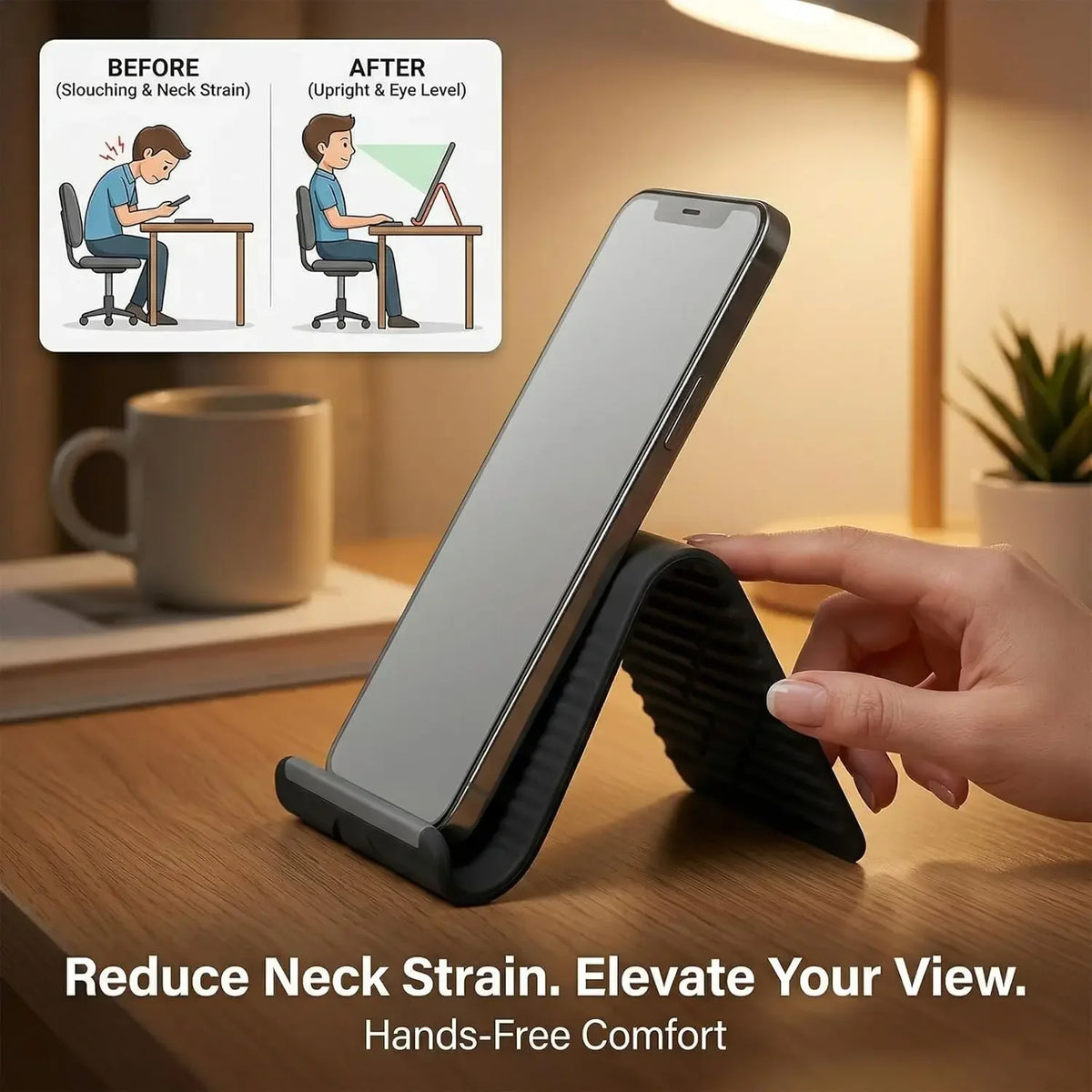 A hand holds a silver silicone device stand designed to elevate the view and reduce neck strain.
