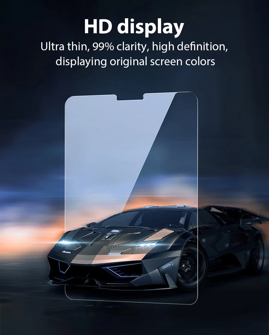Ein durchsichtiger Schutzfilm über einem dunklen Sportwagen, der eine HD-Display-Funktion hervorhebt.
