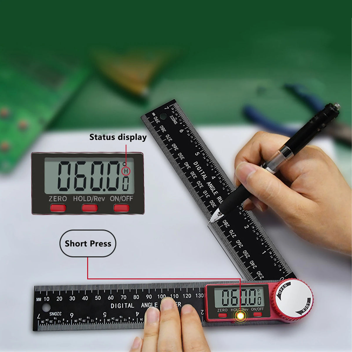 A hand holds a digital angle finder protractor ruler displaying 060.0 degrees.