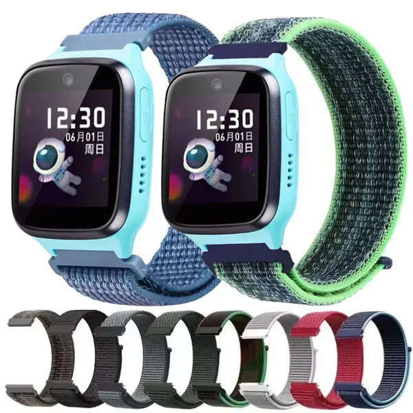 A set of blue and green nylon loop watch straps for a kids' watch, shown alongside the watch.