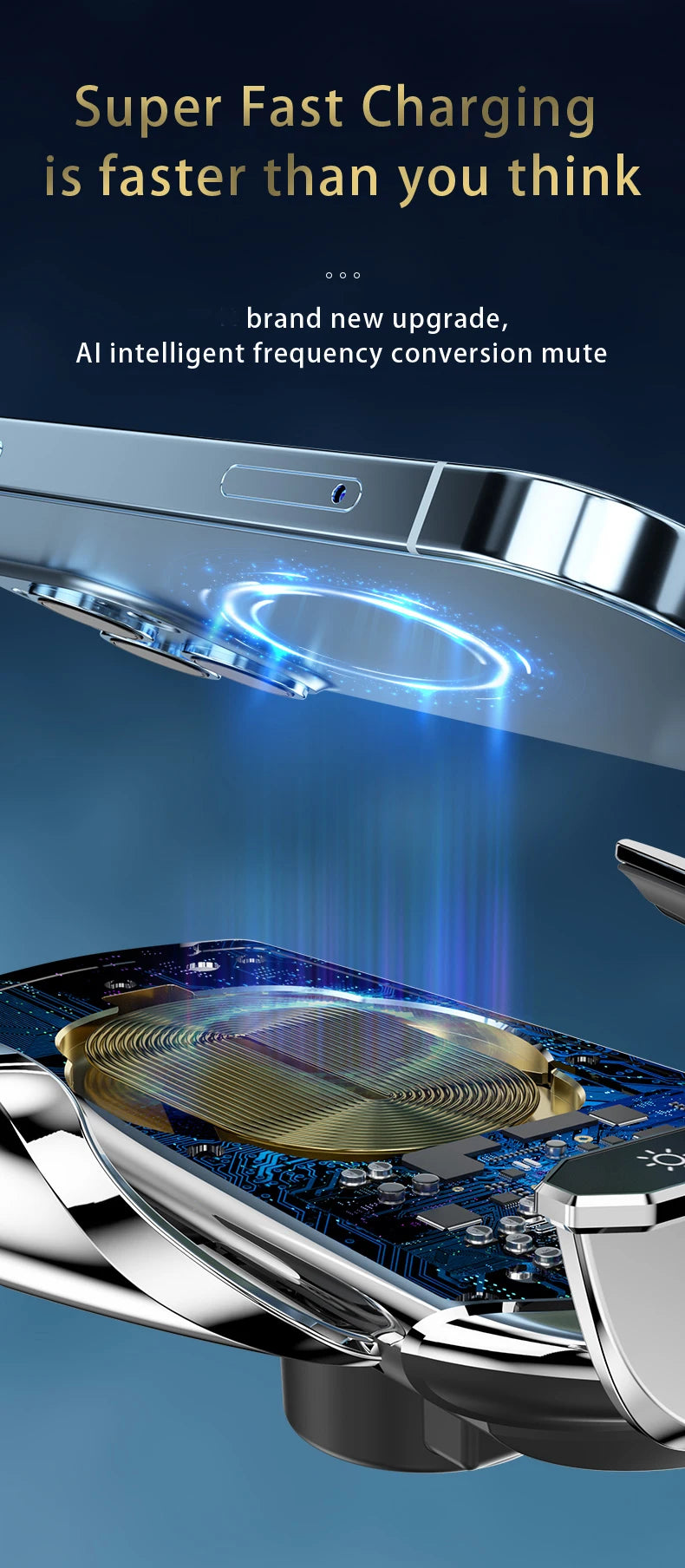 Close-up view of a silver wireless car phone mount with blue light emanating from the charging area.