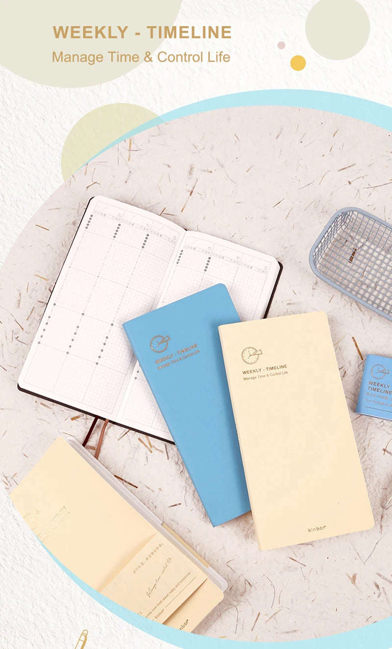 A weekly timeline planner featuring a blue cover and yellow pages, displayed on a light background.