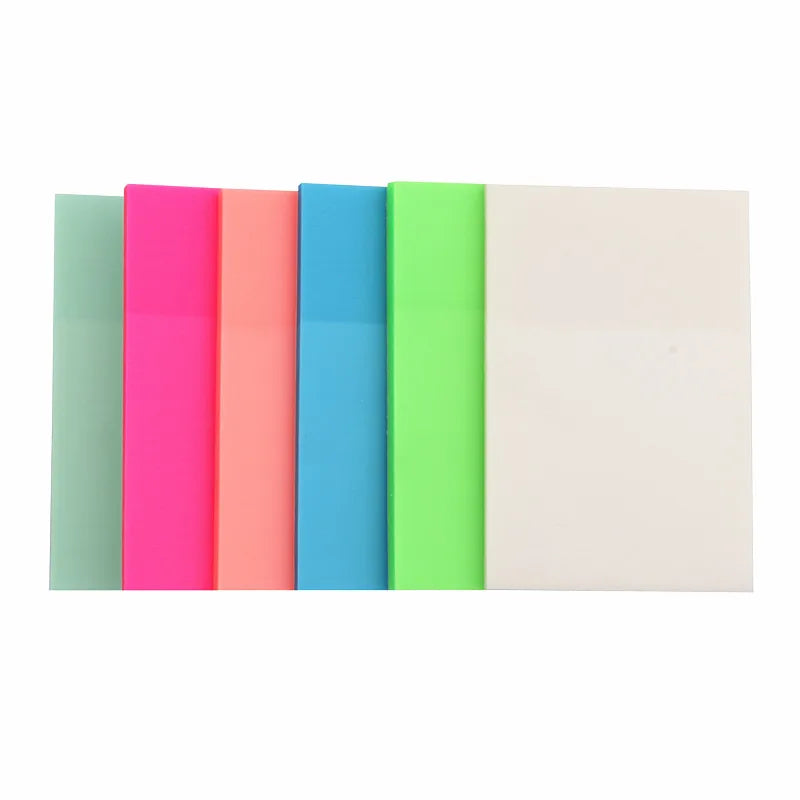 A row of five colored transparent sticky notes or memo pads in shades of pink, orange, blue, lime green, and white.