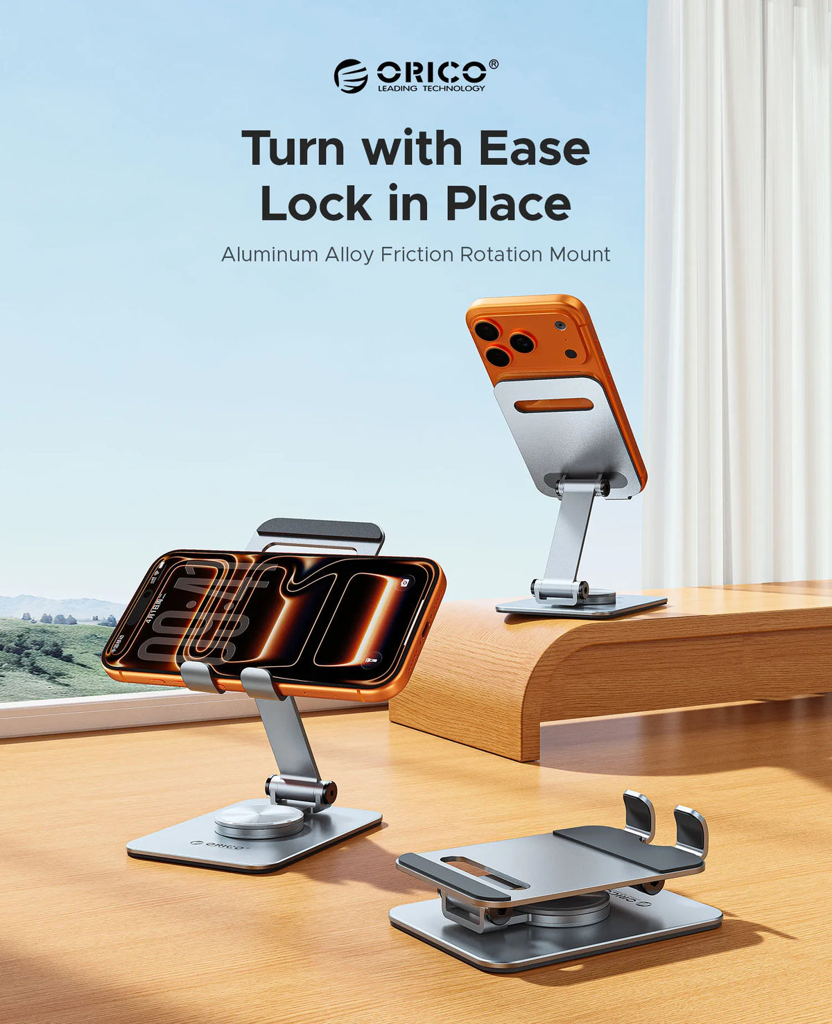 An aluminum alloy friction rotation mount for a smartphone, shown in various forms and angles.