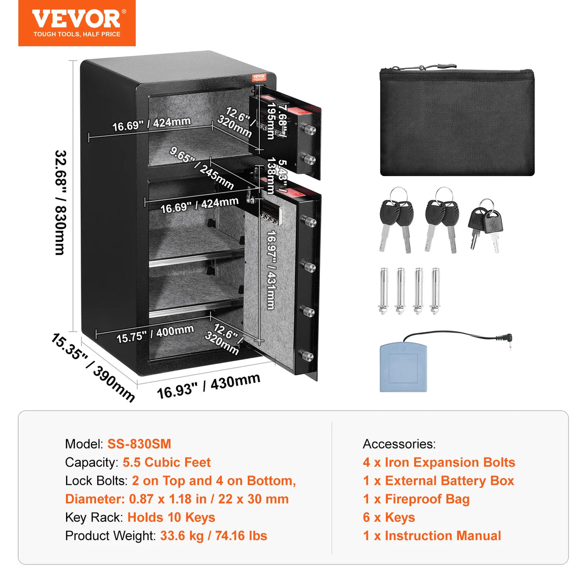 A black steel security safe box with a drawer, key rack, and accessories shown in a studio setting.