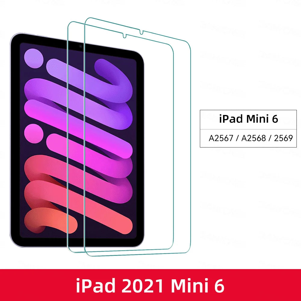 Tempered glass screen protector for the iPad Mini 6 shown with its packaging and model numbers.