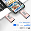 A pink universal USB flash drive is shown next to a smartphone displaying various photos.