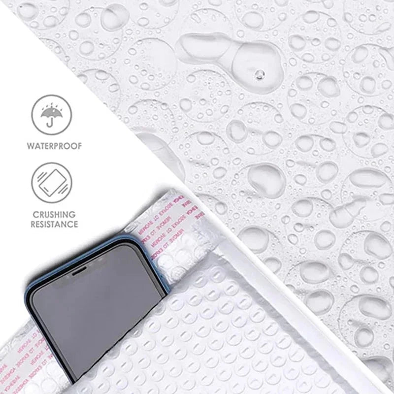 A clear plastic bubble shipping bag is shown on a white surface, demonstrating waterproof and crushing resistance features.