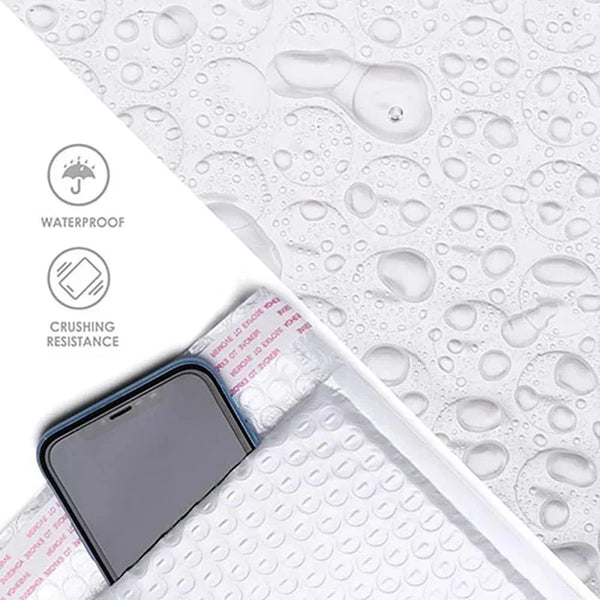 A clear plastic bubble shipping bag is shown on a white surface, demonstrating waterproof and crushing resistance features.