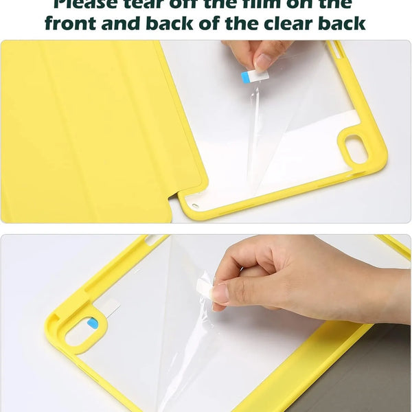 A hand is peeling a film off the front and back of a yellow hybrid protective case for an iPad.