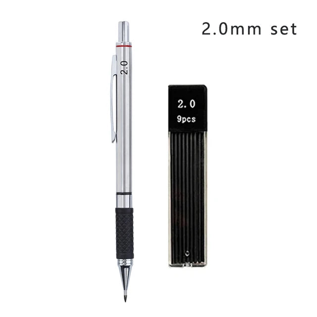 A set of 2.0mm metal mechanical pencils, including a barrel and lead, shown vertically.