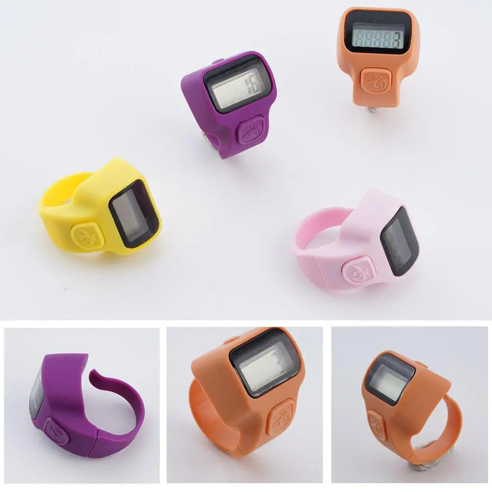 Various colors of a thumb tally counter digital clicker shown in different angles and contexts.
