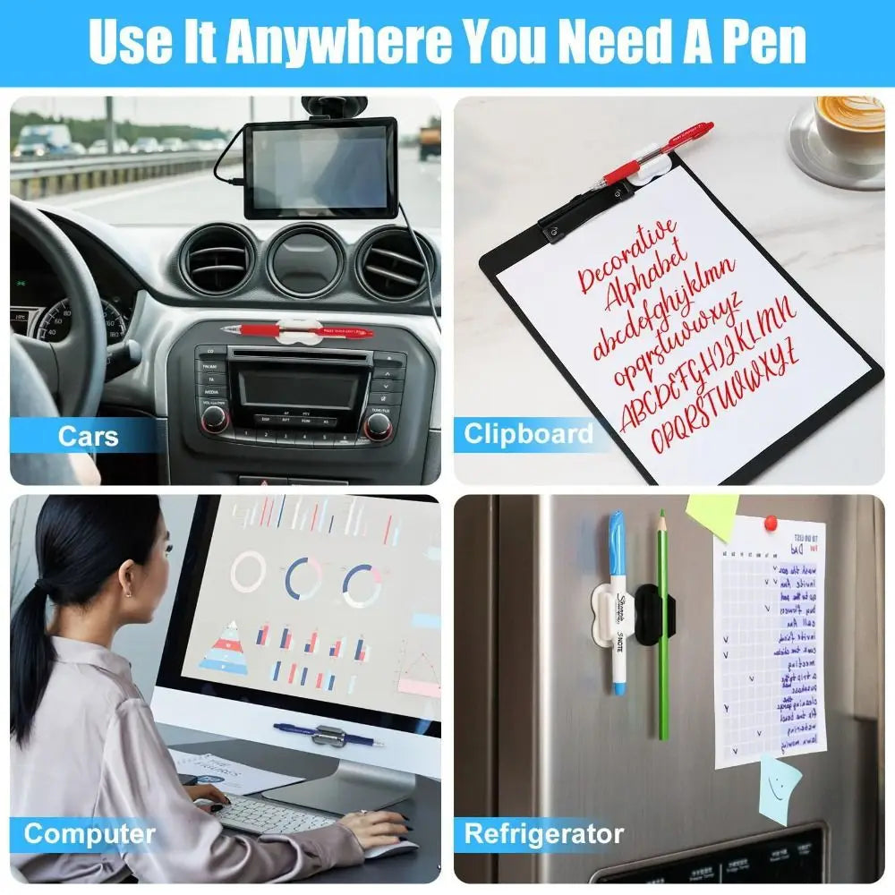 Silicone self-adhesive pen holder used in various contexts like cars, clipboards, and refrigerators.