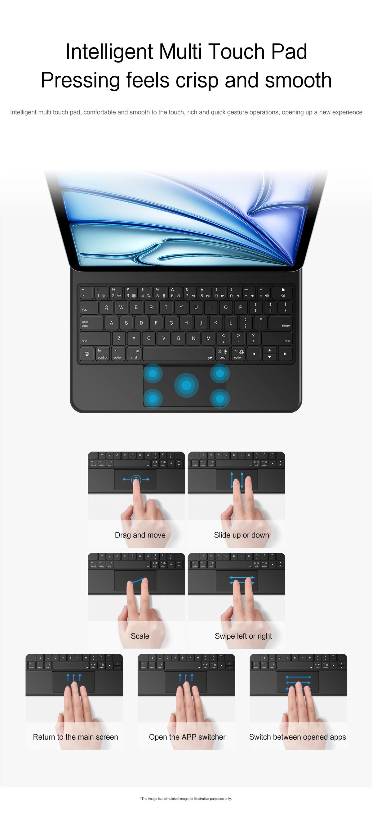 An intelligent multi touch pad pressing feels crisp and smooth on a laptop keyboard.