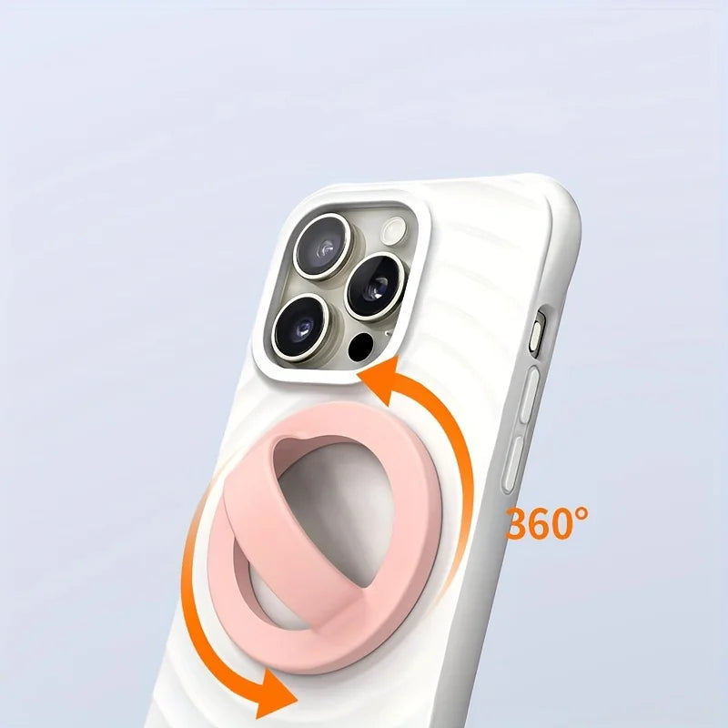 A white smartphone case featuring a magnetic silicone grip with a foldable stand, shown rotating 360 degrees.