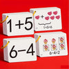 A set of white arithmetic skill building cards showing addition and subtraction problems.
