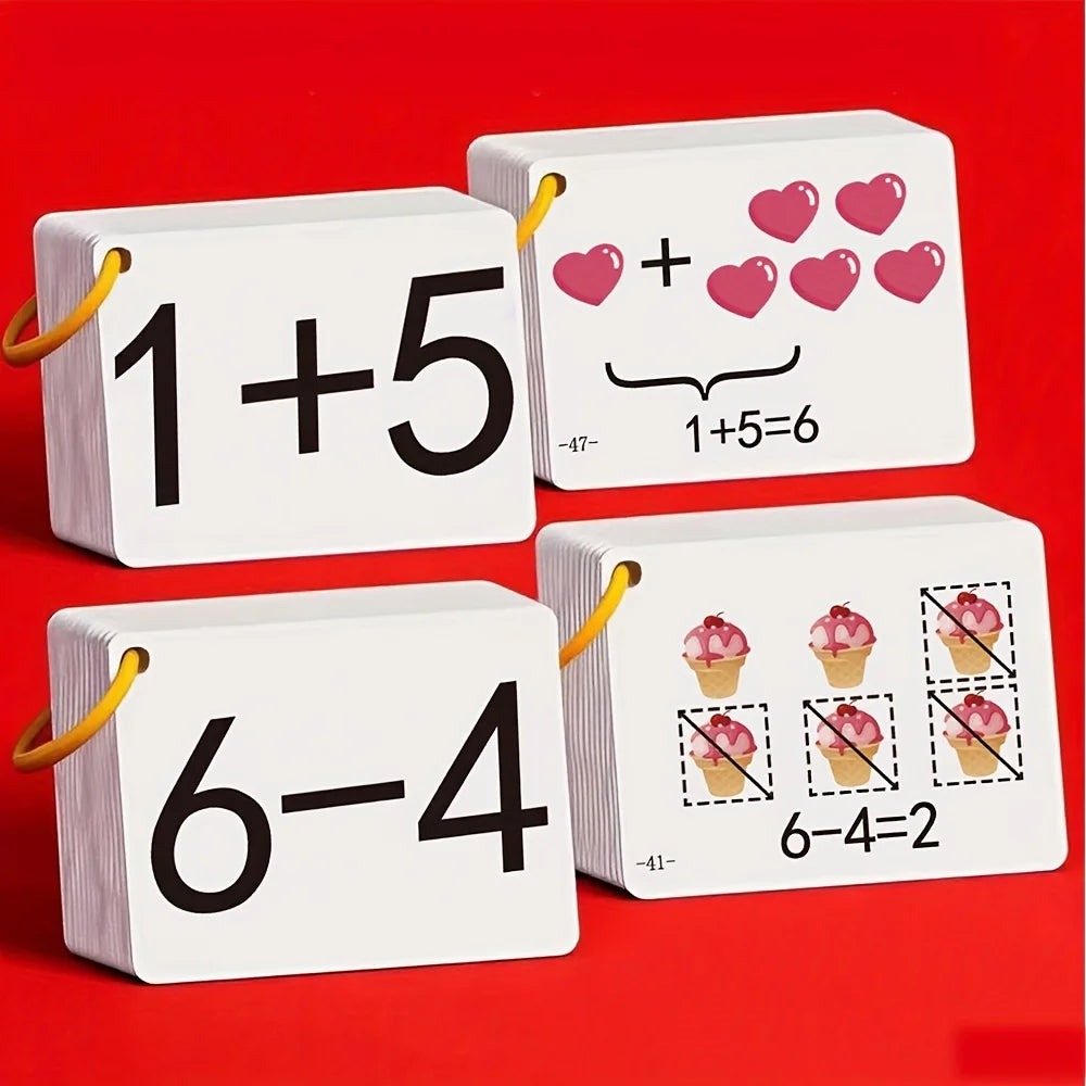 A set of white arithmetic skill building cards showing addition and subtraction problems.