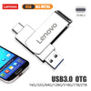 A Lenovo USB 3.0 OTG adapter connecting a smartphone to a USB-C device.
