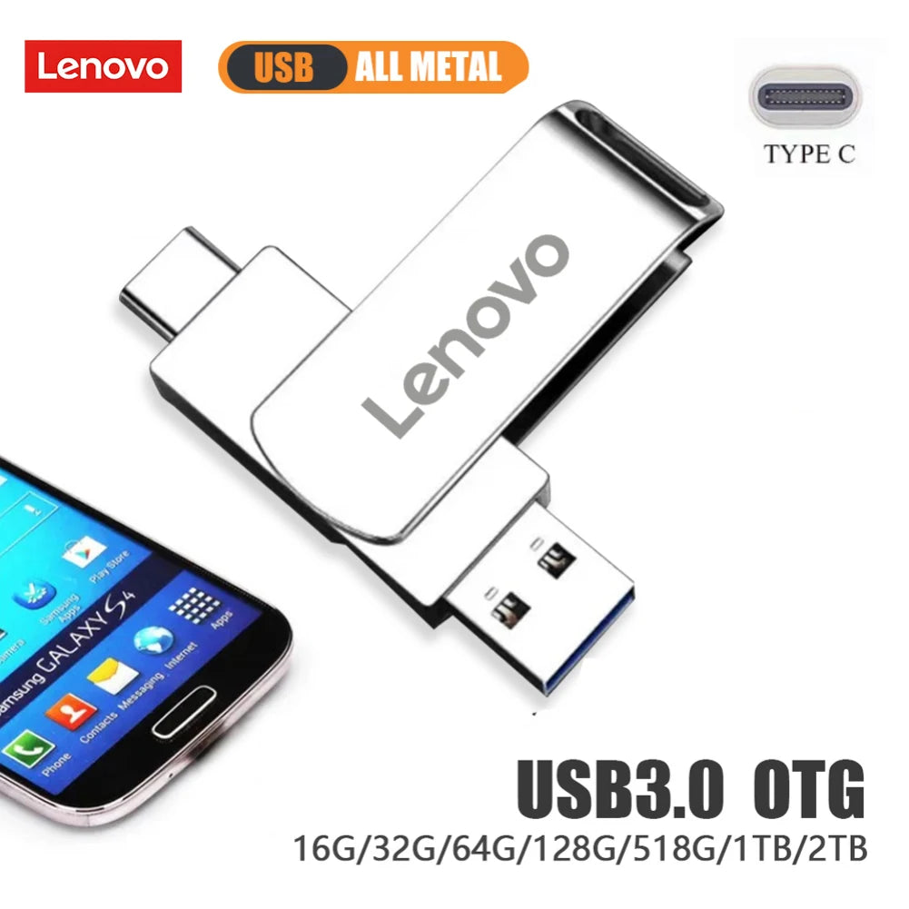 A Lenovo USB 3.0 OTG adapter connecting a smartphone to a USB-C device.