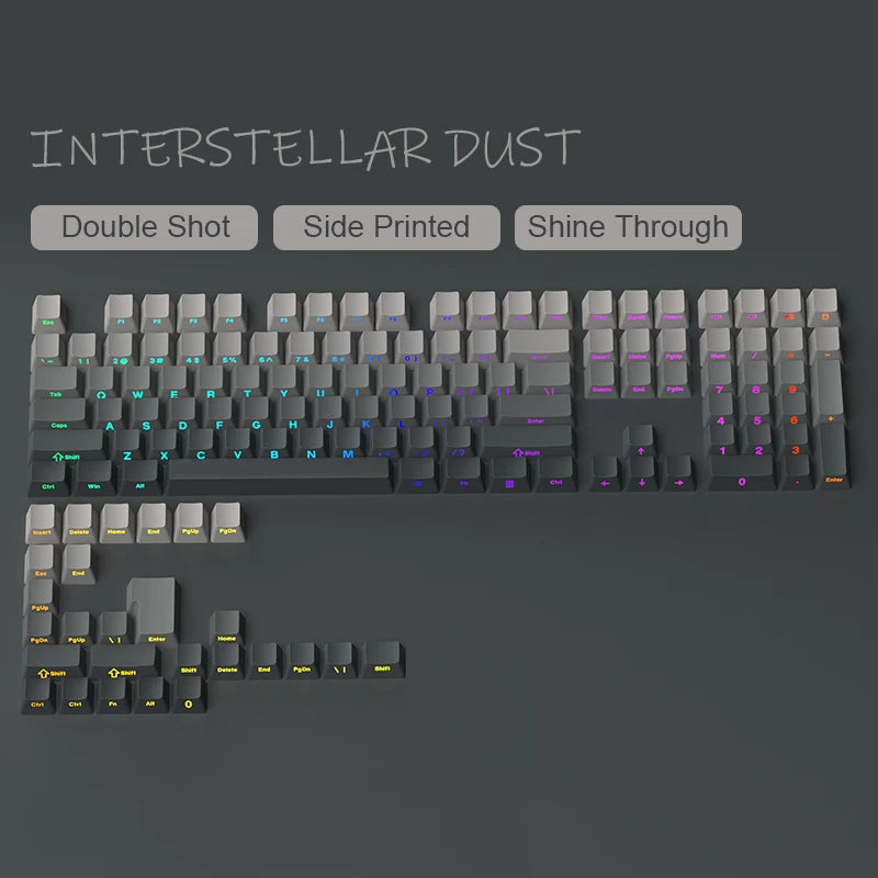A close-up view of a keyboard featuring gradient gray double shot pbt keycaps with side printing.