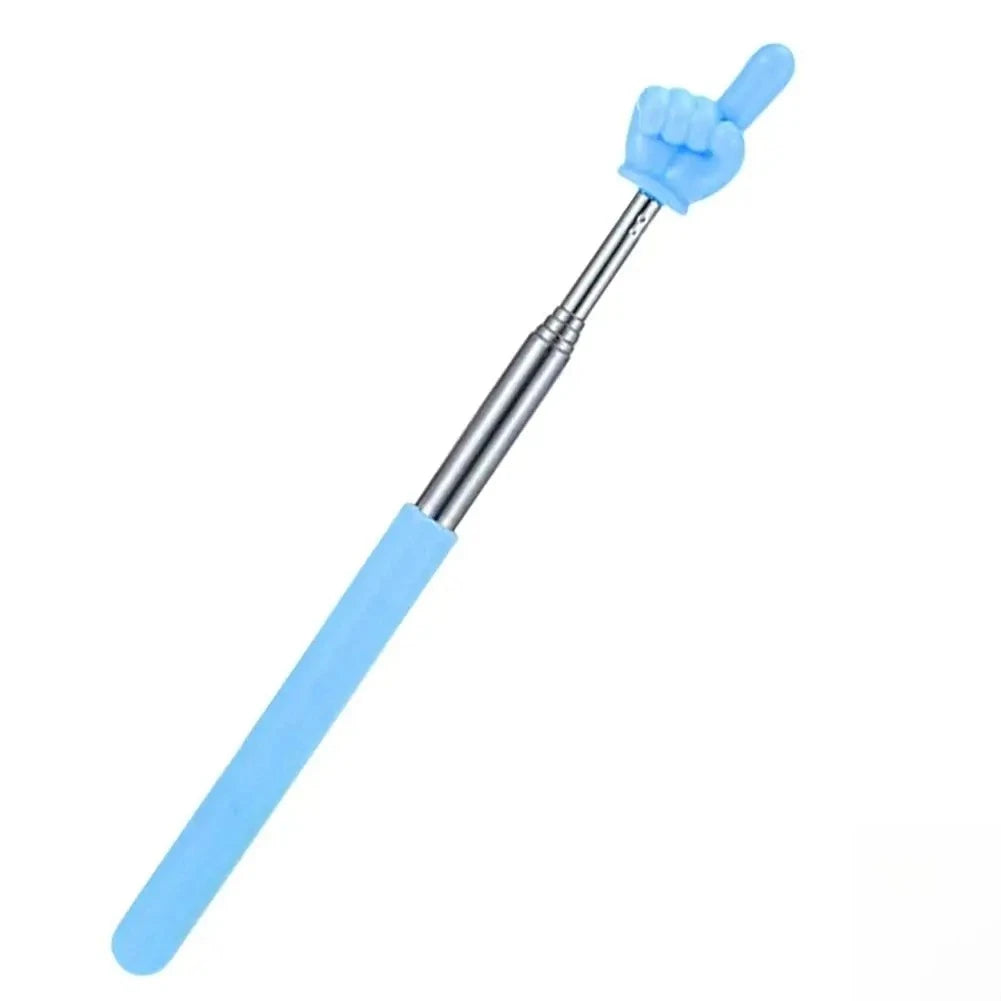 A light blue adjustable telescopic reading stick with a fist-like grip.