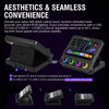 A compact black stream deck controller with 10 LCD keys and a touch panel shown in various angles.