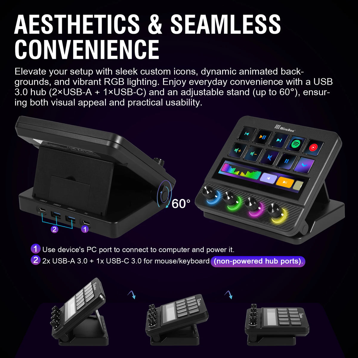 A compact black stream deck controller with 10 LCD keys and a touch panel shown in various angles.