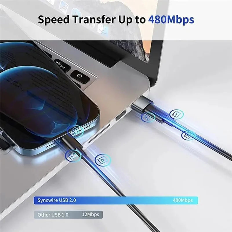 A 3-pack of USB to USB-C adapters shown connecting a smartphone to a laptop for high-speed data transfer.