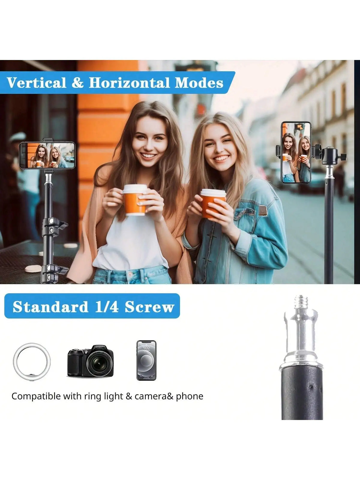 A 63-inch multifunctional tripod with a standard 1/4 screw for mounting phones and cameras.