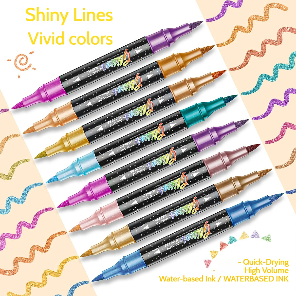 A set of shiny lines vivid colored dual tip paint markers in various colors displayed diagonally.