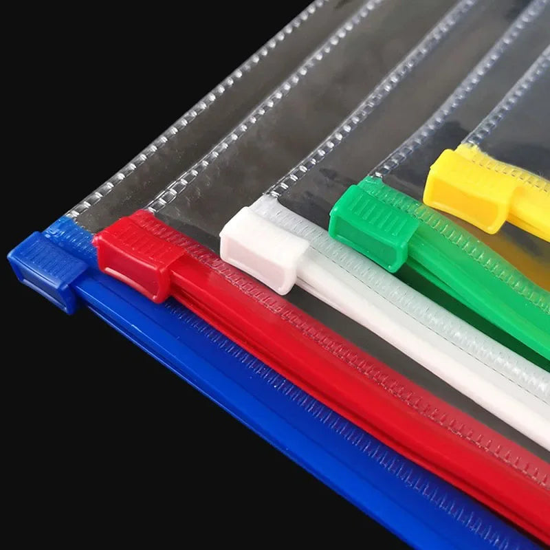 A set of nine colored plastic document file organizer bags displayed diagonally against a black background.