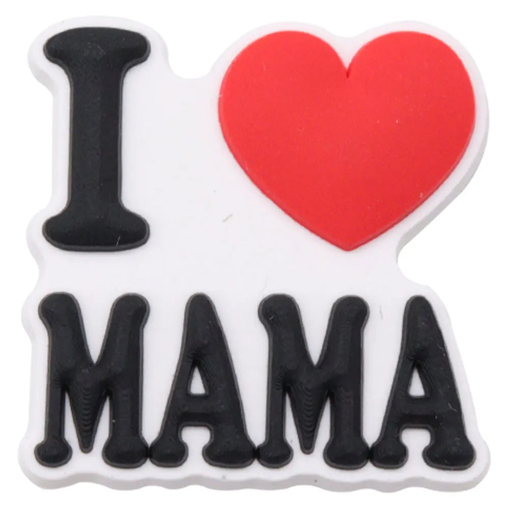 A white charm featuring the text I love mama in black and red lettering.
