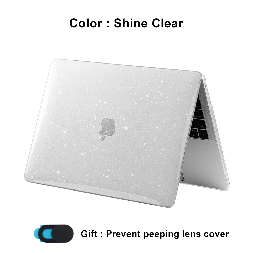 A white laptop cover for a MacBook Air, featuring a shine clear finish and a prevent peeping lens cover.