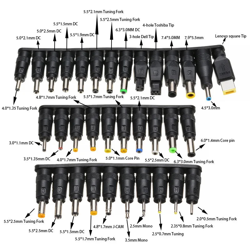 A collection of 34 laptop charger connector tips and forks for various devices.