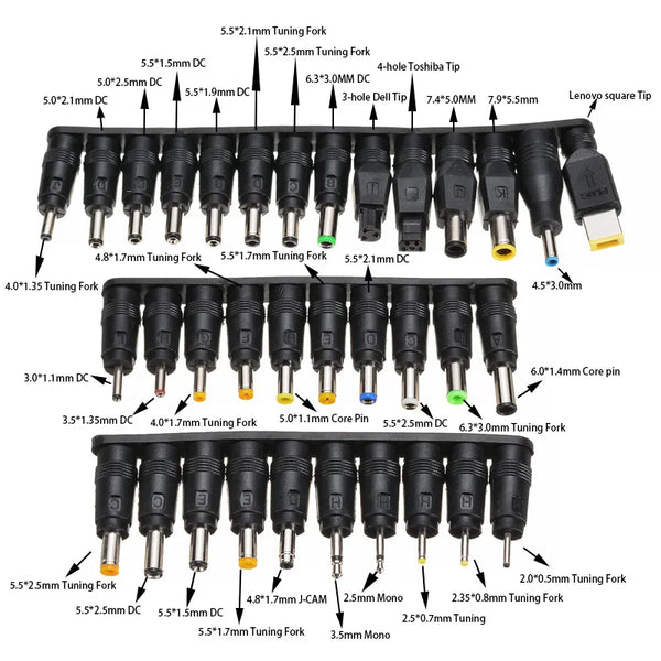 A collection of 34 laptop charger connector tips and forks for various devices.
