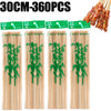 A set of natural bamboo skewers, ranging from 30cm to 360pcs, with green leaves attached.
