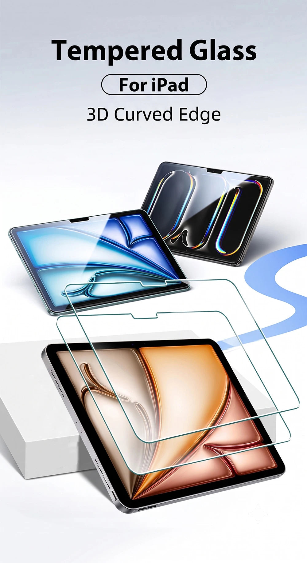A clear tempered glass screen protector is shown being applied to an iPad, highlighting its 3D curved edge design.